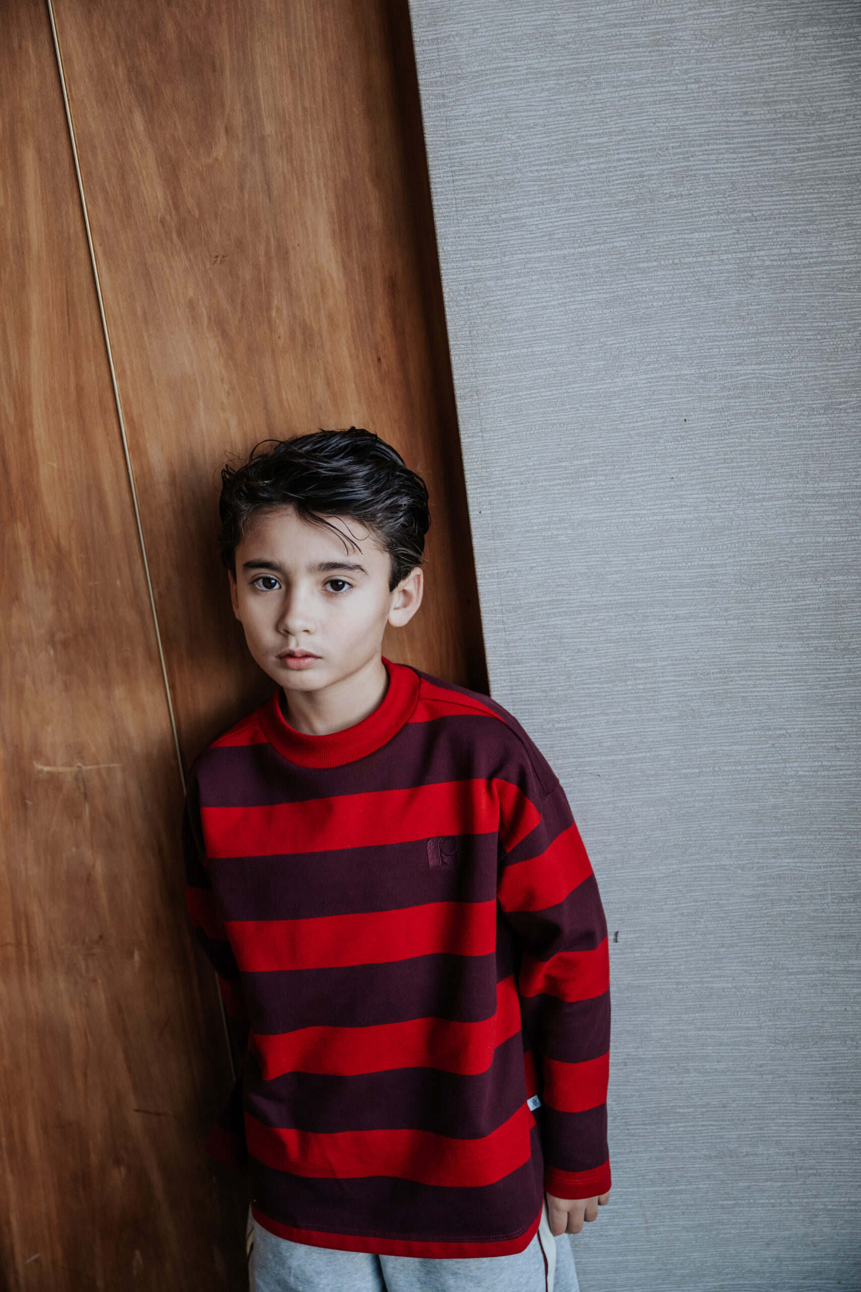 Repose AMS boxy sweater - rusty mulberry block stripe
